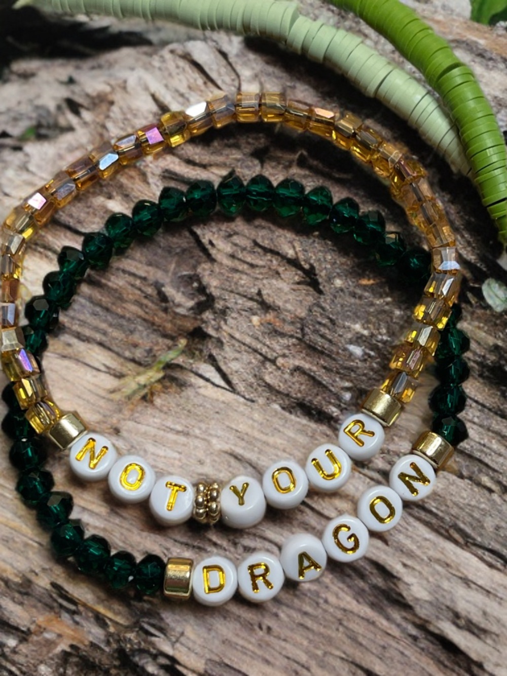 NOT YOUR DRAGON Green and Gold Glass Beaded Bracelet Set